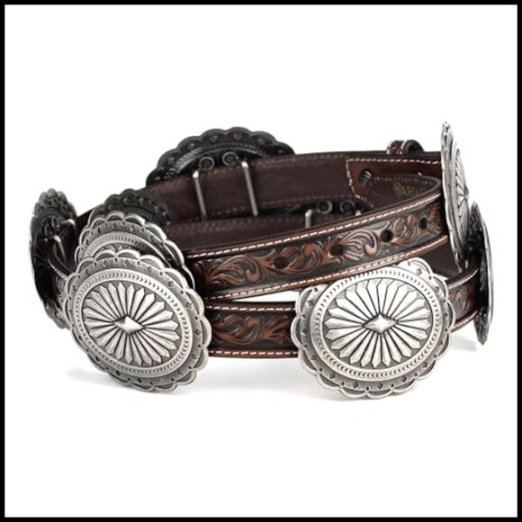 Genuine Leather Tooled Belt with Silver Oval Concho main image 7